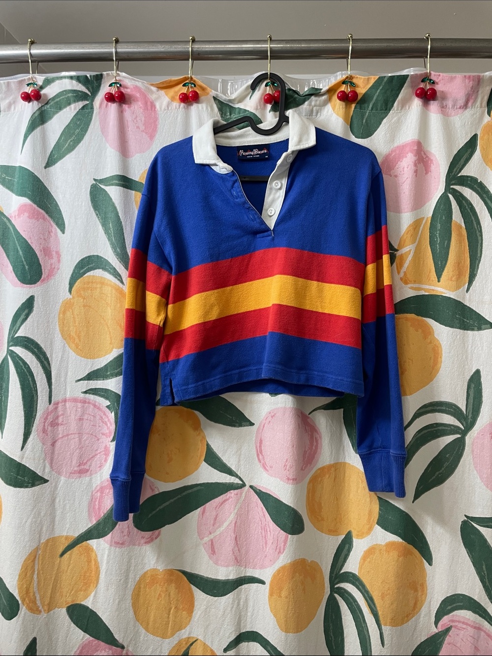 Rowing Blazers Blue/Red/Gold cropped Rugby sweater  with White Collar